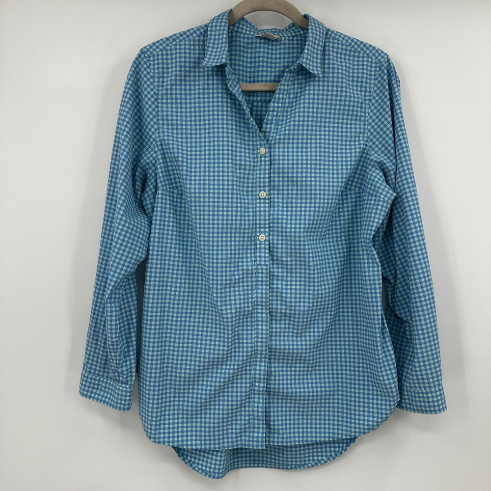 LL Bean Blue Green Gingham Seersucker Button Front Shirt Petite Medium Hiking‎
